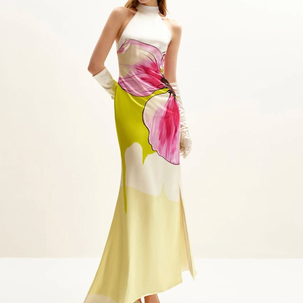 Olivia Floral Halter Gown JW Pei Green Pink Yellow Multicolor Orchid